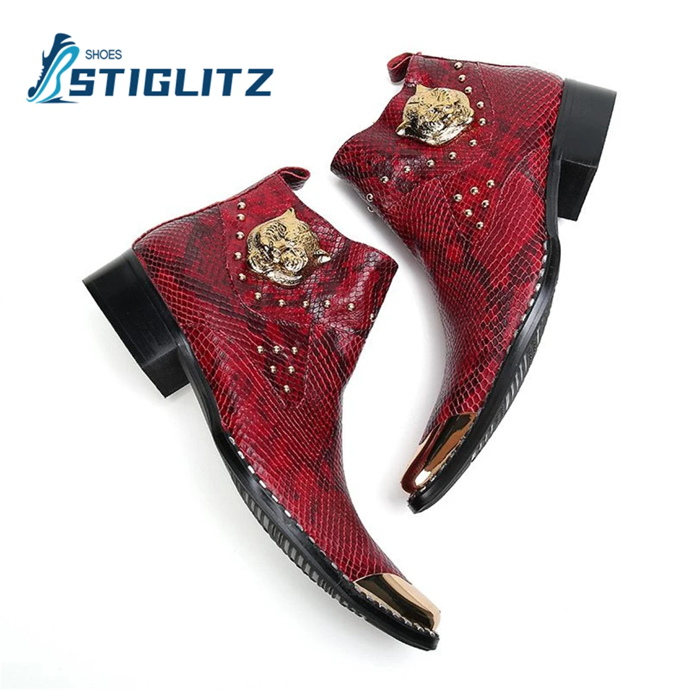 Solid Python Luxury Leather Boots Metal Iron Toe Rivets Tiger Head Fashion Men\'s Boots Men\'s Formal Genuine Leather Casual Shoes