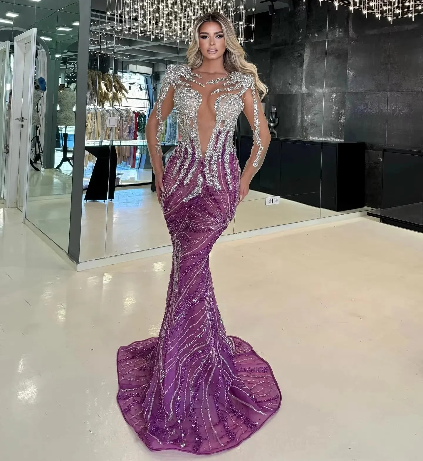 Purple Long Sleeves Middle Eastern Evening Dresses Luxury Beaded Saudi Arabia Dubai Robe De Soiree Prom Dress Gown Customized