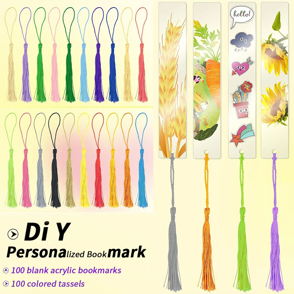 100pcs Transparent Acrylic Book Markers With 100pcs Colorful Tassels Bookmark Personalized Tassels Blank Bookmarks DIY
