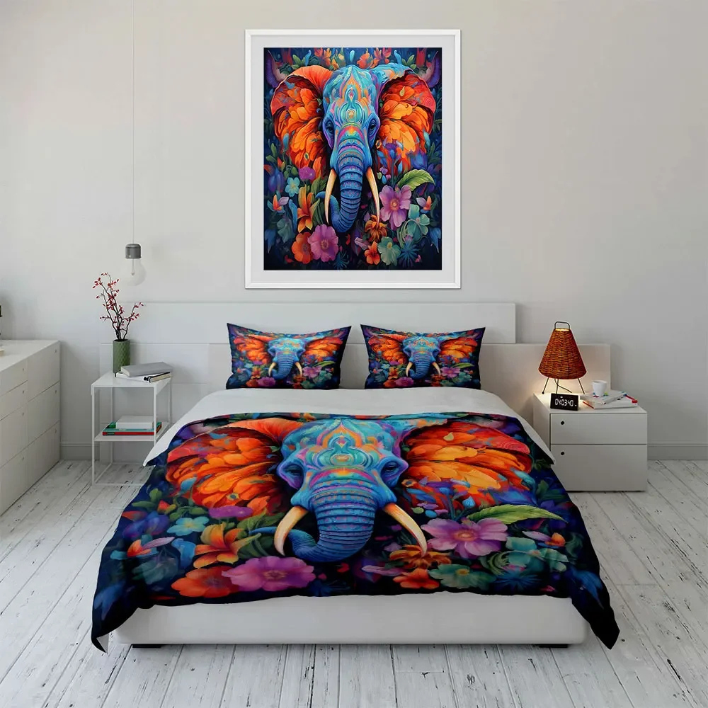 Colorful Elephant Floral Art Set Multiple sizes kid's and adults' bedroom Exquisite 3PC bedding set, gift