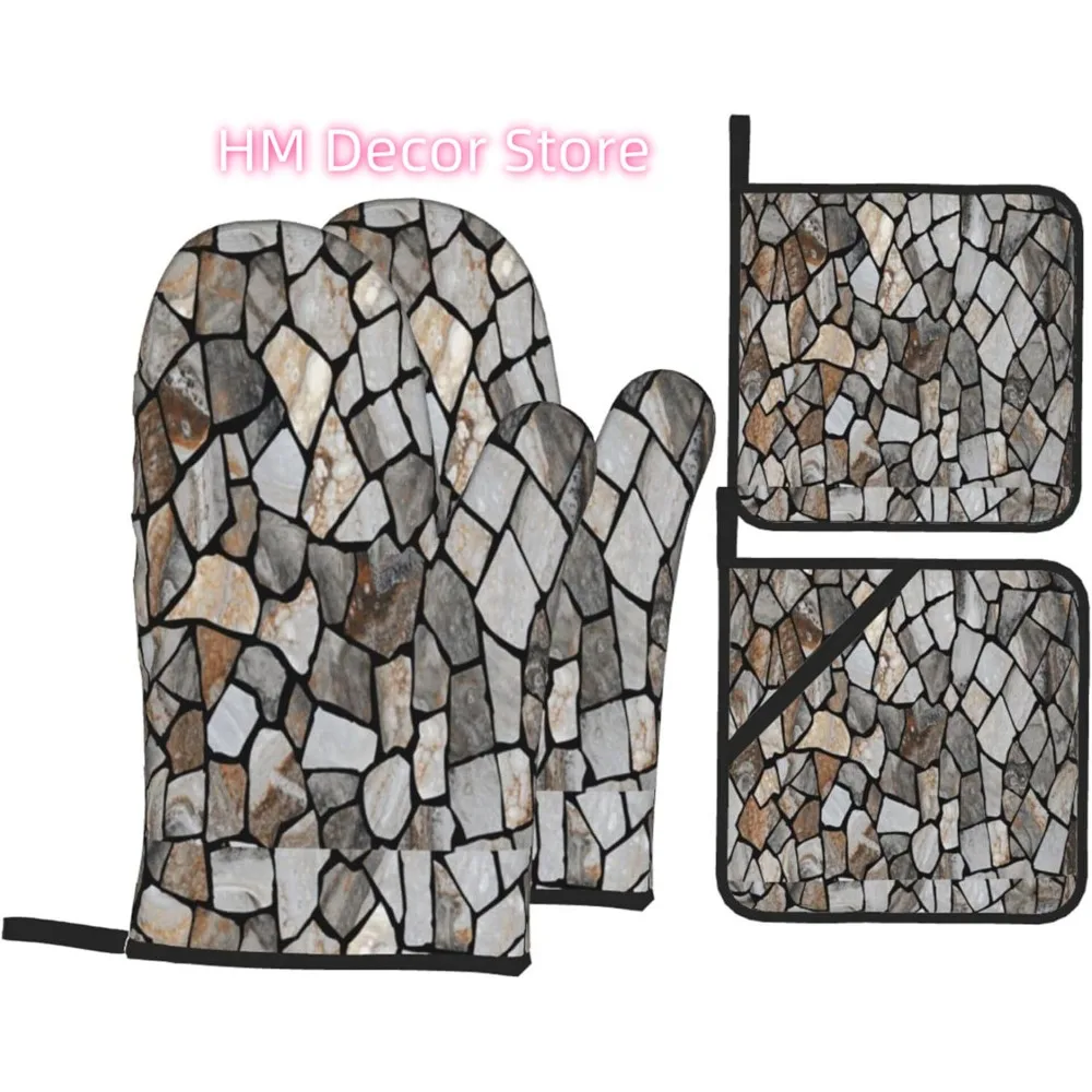 Grey Mosaic Oven Mitts and Pot Holders Sets of 4, Country Style Cooking Gloves Non-Slip Heat Resistant Polyester Oven Mitts for