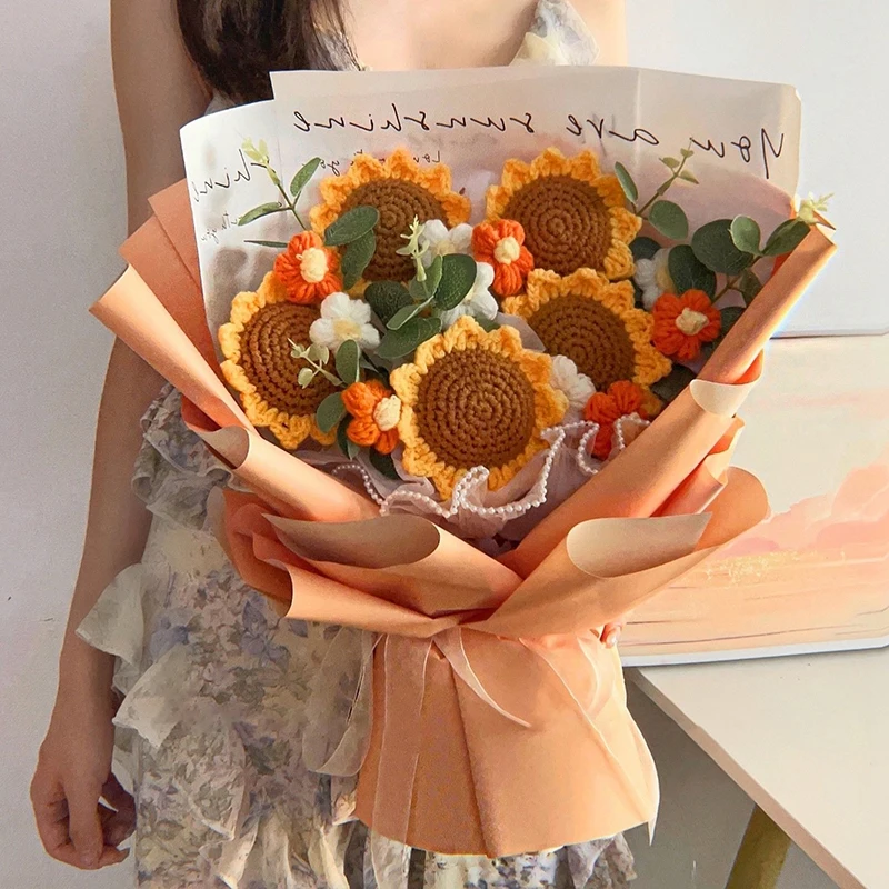 Crochet Bouquet Woven Artificial Sunflower Wedding Gift Flower Bouquet Valentine's Day Eternal Flower Graduation Bouquets W/Bag