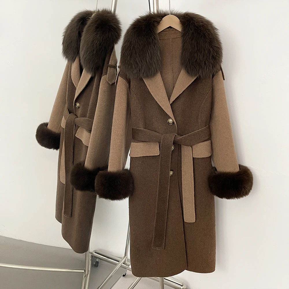

Wool Blend Coat Hooded Autumn Female Winter Large Real Fox Fur Coat Women Long Belt Lace Up Cashmere Outerwear Woolen Jacket