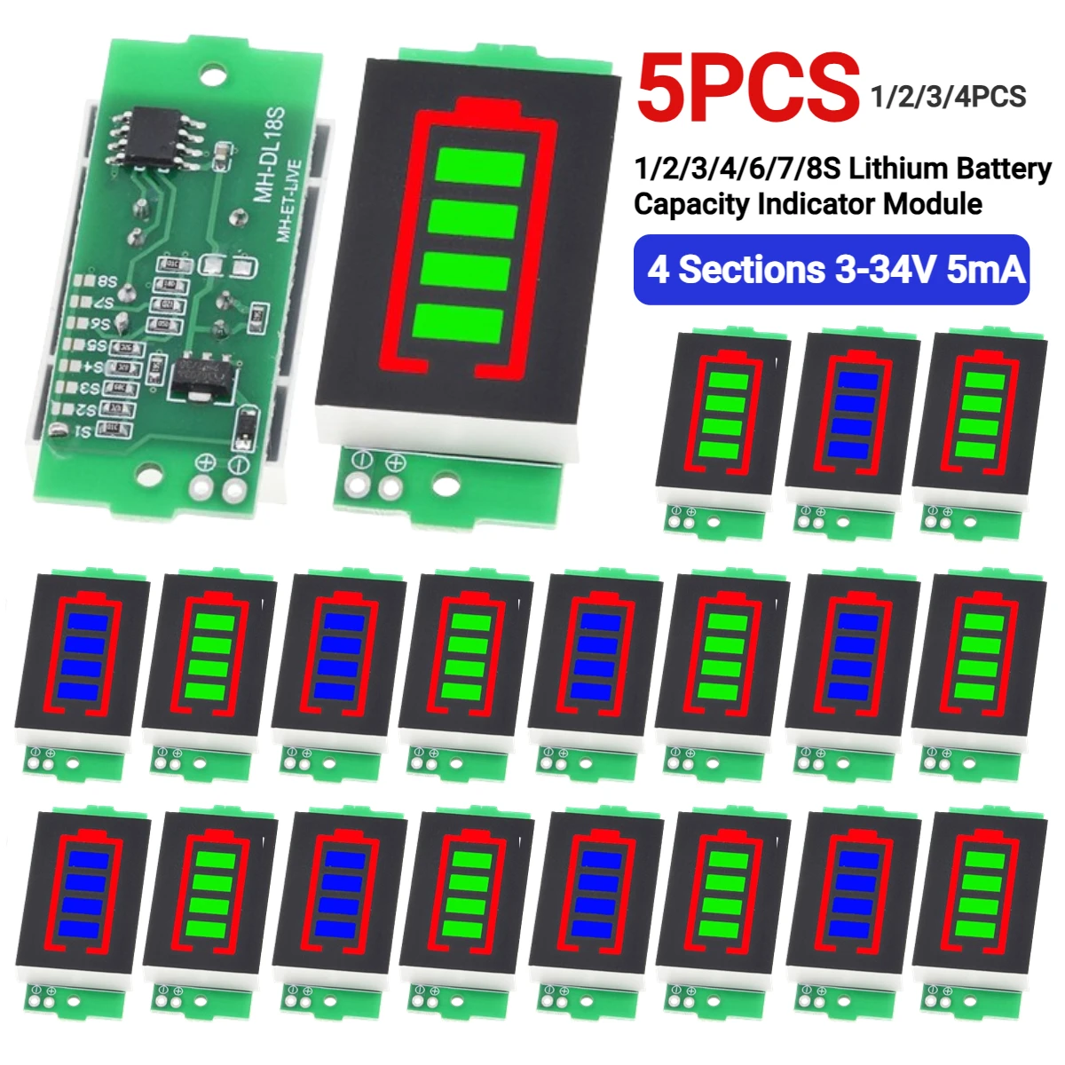 1-5PCS 1/2/3/4/6/7/8S Lithium Battery Capacity Indicator Module 4 Sections 3-34V Display Electric Vehicle Battery Power Tester