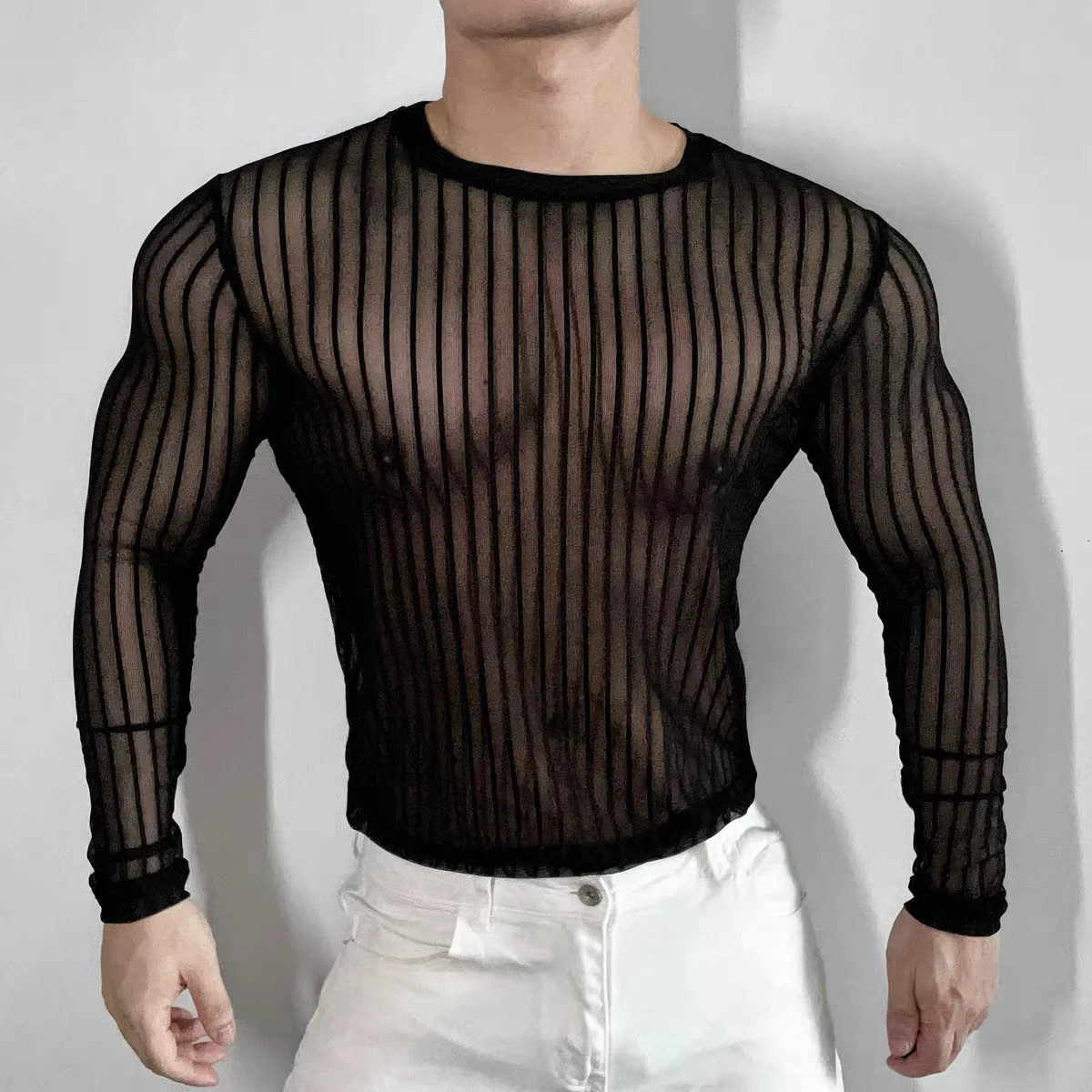 

New Men and Women Sexy Stripe Mesh Slim Fitness Long sleeve Black Pullover Quickly Drying t-Shirt Singer Stage Show Wear