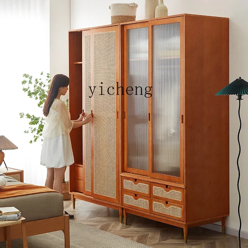 TQH solid wood rattan wardrobe double door bedroom storage household sliding door wardrobe modern simple small apartment