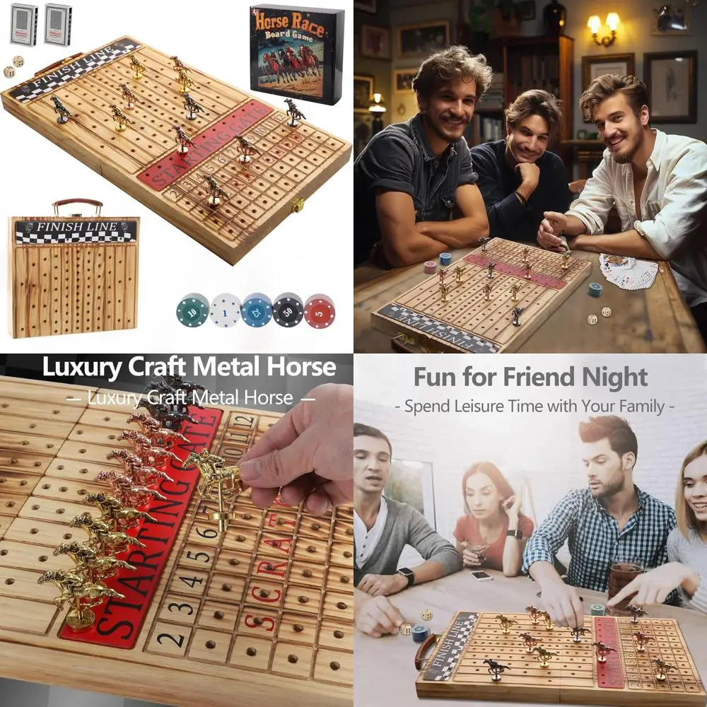 

Luxury Wooden Horse Racing Game with 11 Metal Horses, Chessboard, 2 Dice, and Card Sets in Folding Light Flame Design