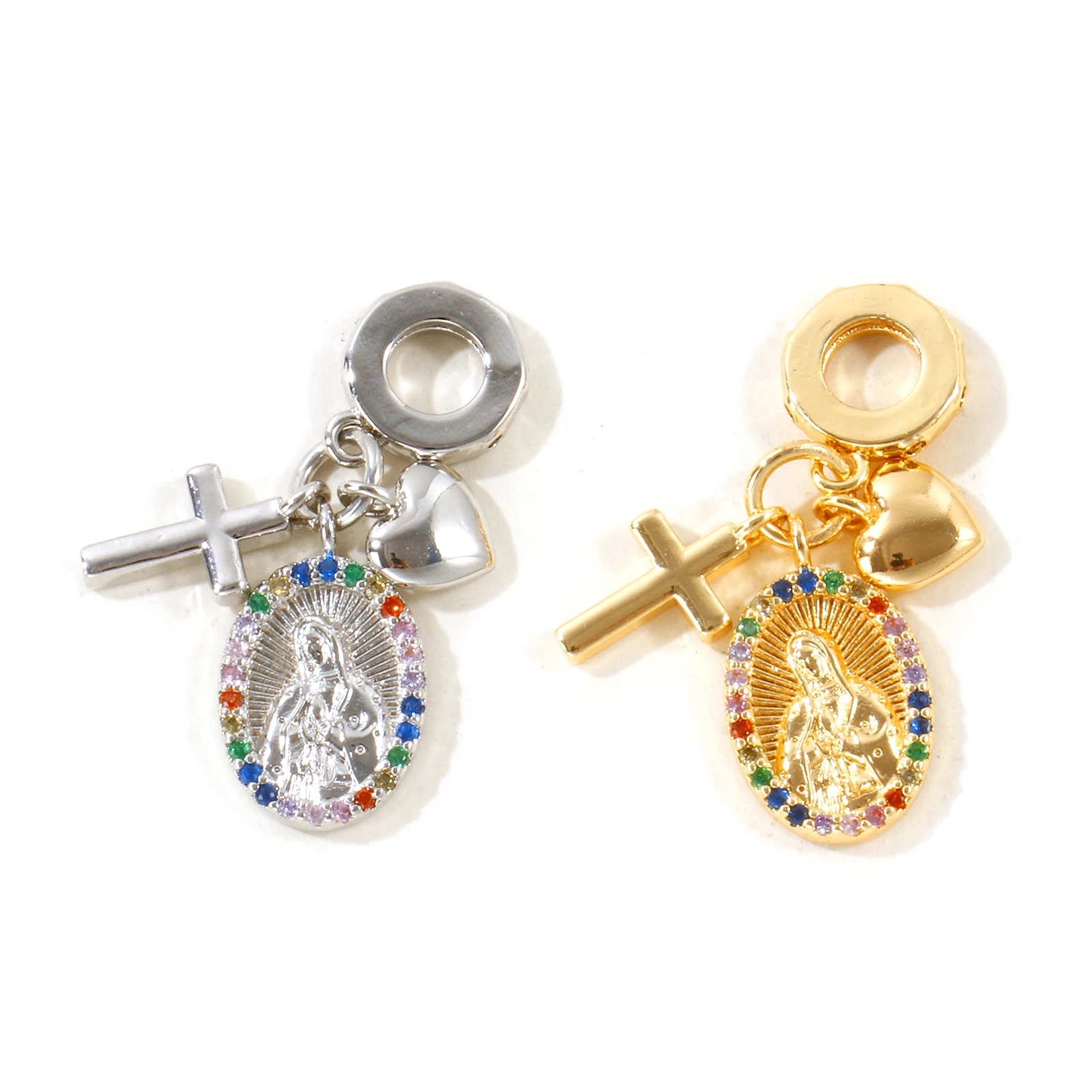 1pc Religious Cross Virgin Mary Dangle Charm Beads Multicolour Cubic Zirconia Brass Pendant For Bracelet Necklace Jewelry Making