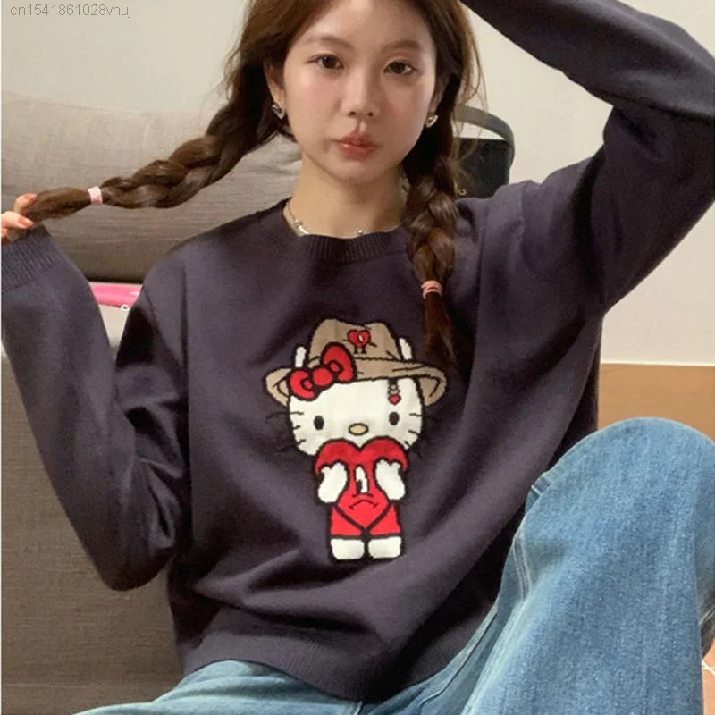 Sanrio Hello Kitty Kawaii Gray Sweater Women\'s Y 2k Cute Anime Long Sleeve Pullover Knit Shirt Academy Campus Style Korean Tops