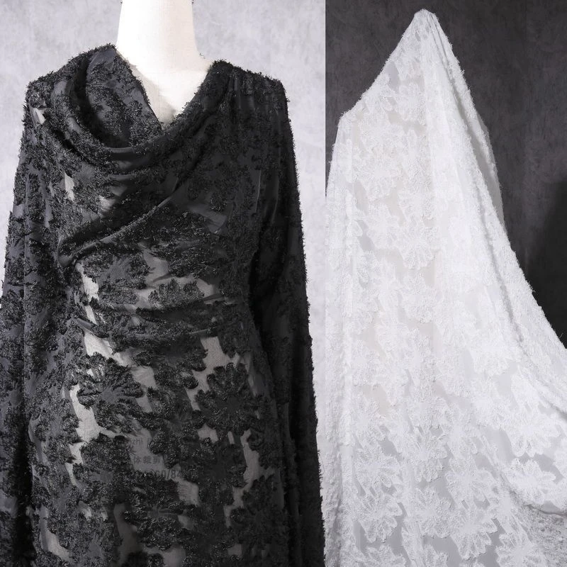 

Daisy Hand Cut Jacquard Chiffon Fabric Slightly Translucent Summer Dress Shawl Breathable Sun Resistant Black and White Fabric