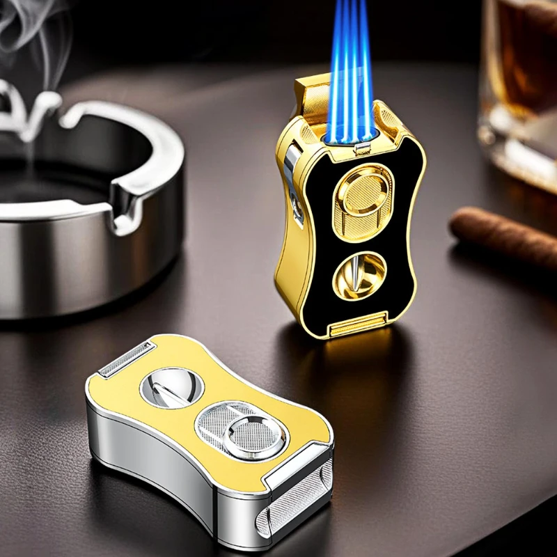 

Функциональная зажигалка Debang Black Technology 6-в-1, четырехпрямая ветрозащитная зажигалка с держателем для сигарет, V-ножницы, плоские ножницы