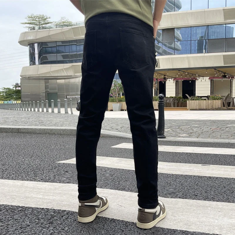 Y2K fashion men's jeans stretch slim fit patchwork designer bicycle black jeans men's zipper designer hip-hop denim punk pant