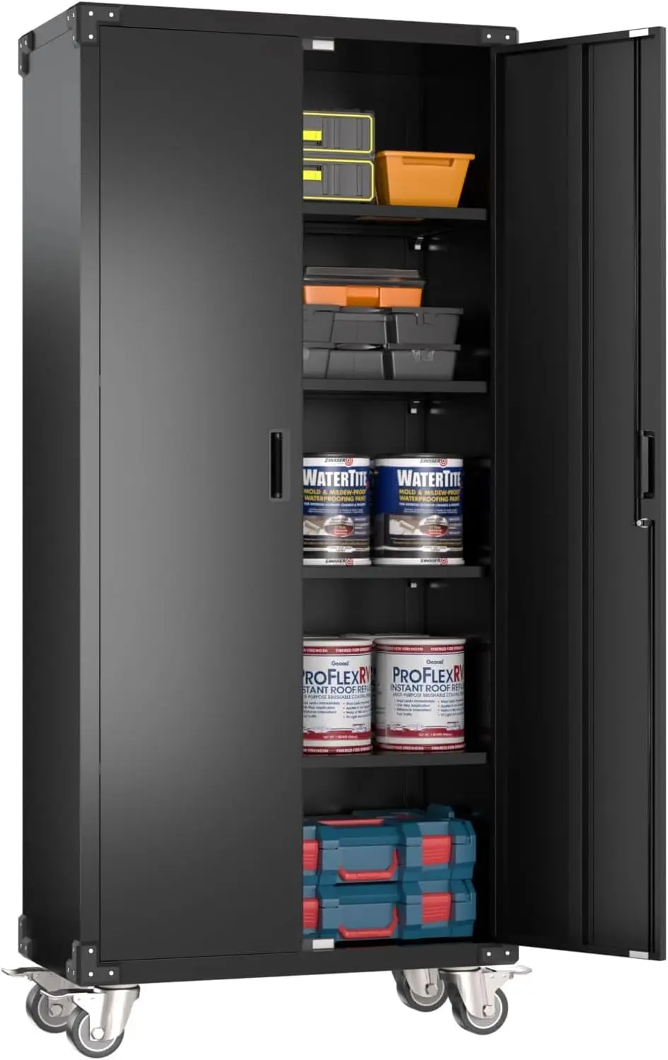 

Garage Storage Cabinet with Wheels,72" H Metal Storage Cabinet with 2 Doors and 4 Adjustable Shelves for Garage Home Storage