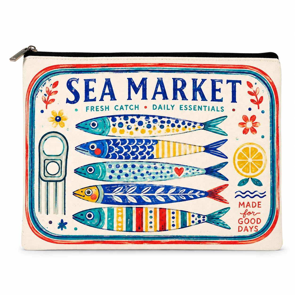 Vintage Fish Print Canvas Makeup Bag for Women Sea Market Cosmetic Pouch with Zipper Travel Toiletry Organizer Storage Bag