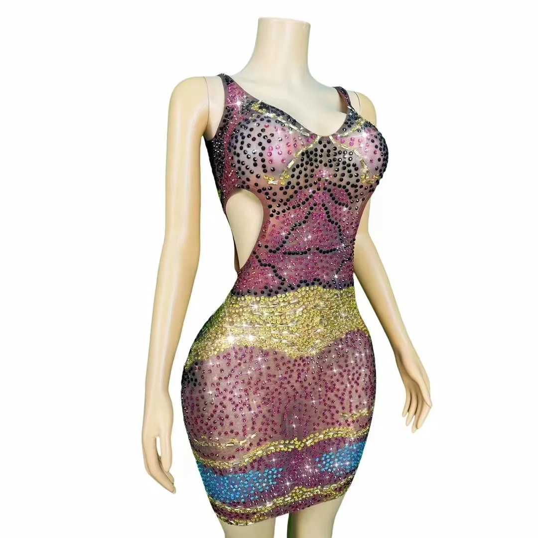 Seksowna scena specjalna błyszcząca dżetów sukienka z wąską talią kobiety koktajlowe przyjęcie urodzinowe wieczór wykonaj strój do sesji zdjęciowej