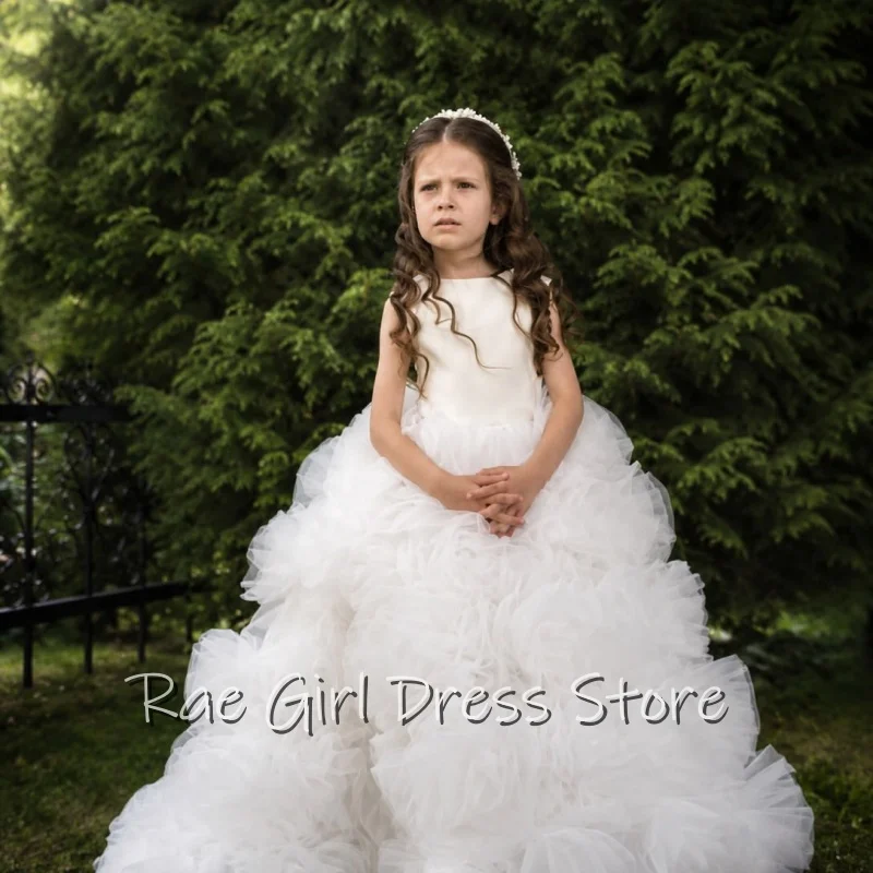 Satin Tulle Flower Girl Dress Sleeveless Round Neck Multi Layer Ruffle Rose Tulle Floor Length Ball Gowns Baptism Customized