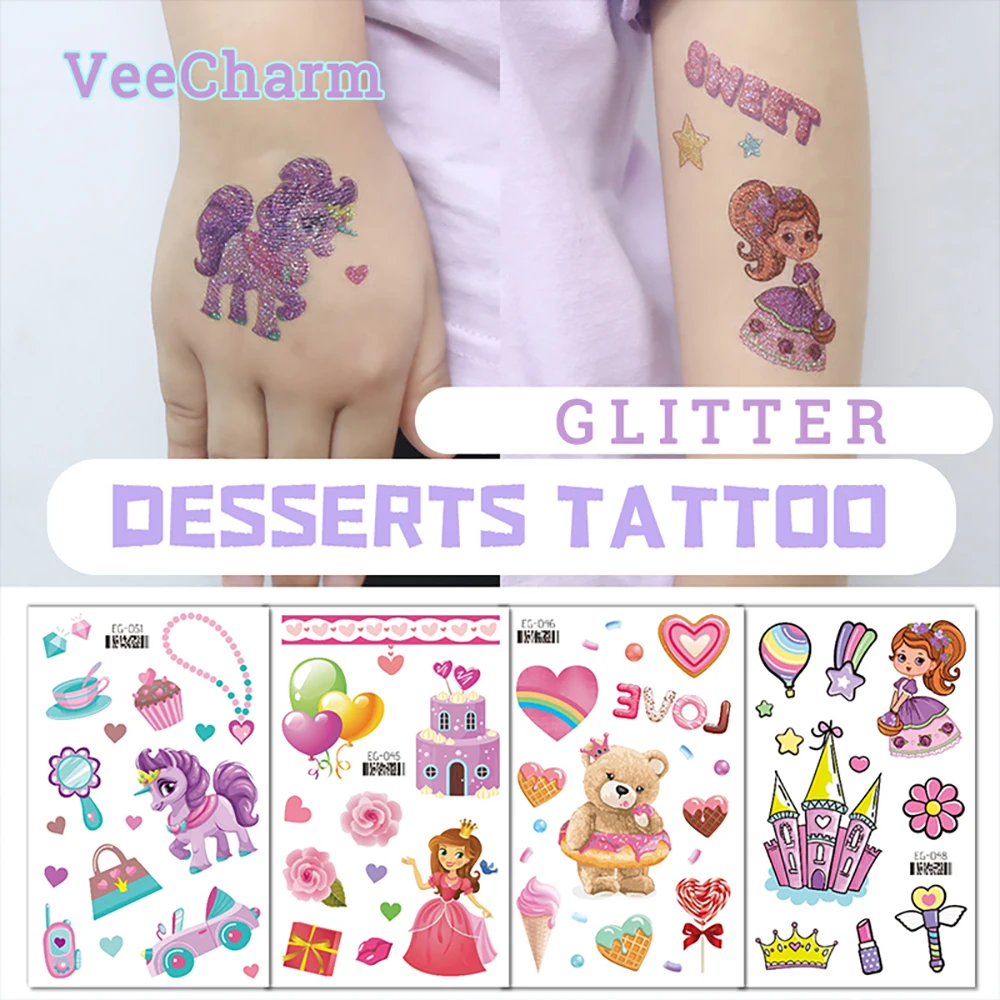 VeeCharm - Princess Party Favors, Glitter Tattoo Stickers, Princess Desserts Makeup for Kids Party Decor, Removable, 1/14 Sheet