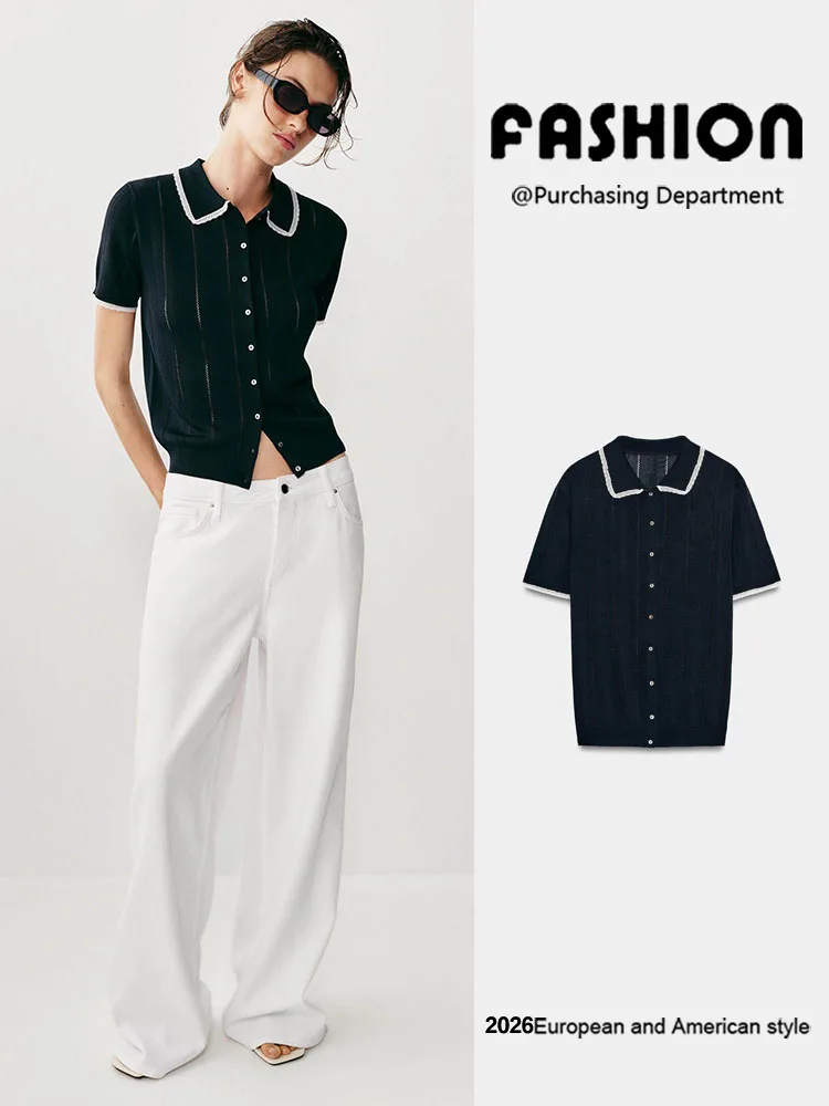 New Summer Women's Knitted Short Sleeve  Shirt Collar Outerwear Lace Decorated Versatile Fashion European Style Regular T...