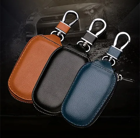 10pc Universal Car Key Case Cover Protector Genuine Leather Keychain Holder Metal Hook Key Ring Zipper Bag For Remote Key Fob