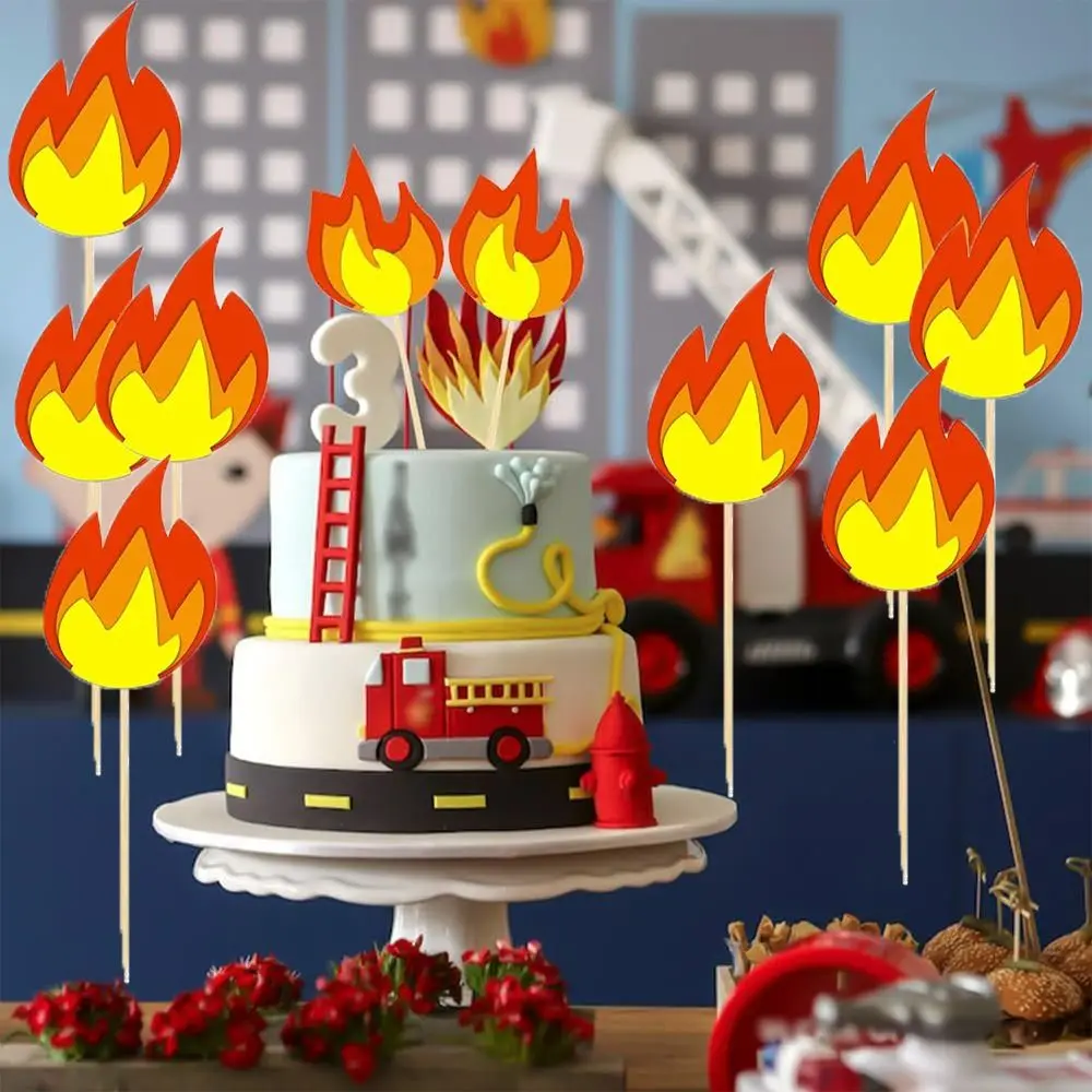 Fire Flame Cake Topper Wooden Sticks Red Yellow Fire Flame Cake Decorations Paper Cards Protable Fire cake decorations