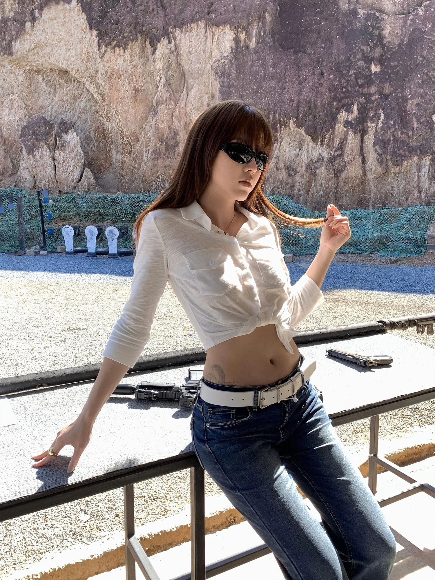 

Falin X Women's Cotton irt Jaet ort Casual Design Sense Waist Cinch Spring Top Button ket Tie Belt Seven Sve