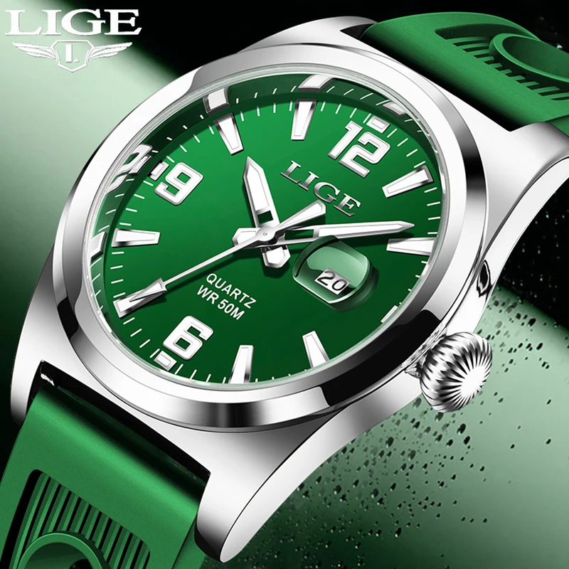 LIGE Mens Watch Business Luxury Date Watch for Men Sport Quartz Watches 50M Diving Waterproof Luminous Silicone Wristwatch Reloj