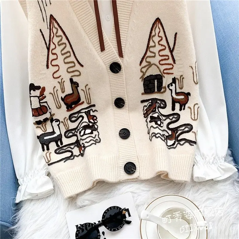 Female Clothing Autumn Winter Preppy Style V-Neck Cartoon Embroidery Sweaters Vest Single-Breasted Sleeveless Knitted Cardigan