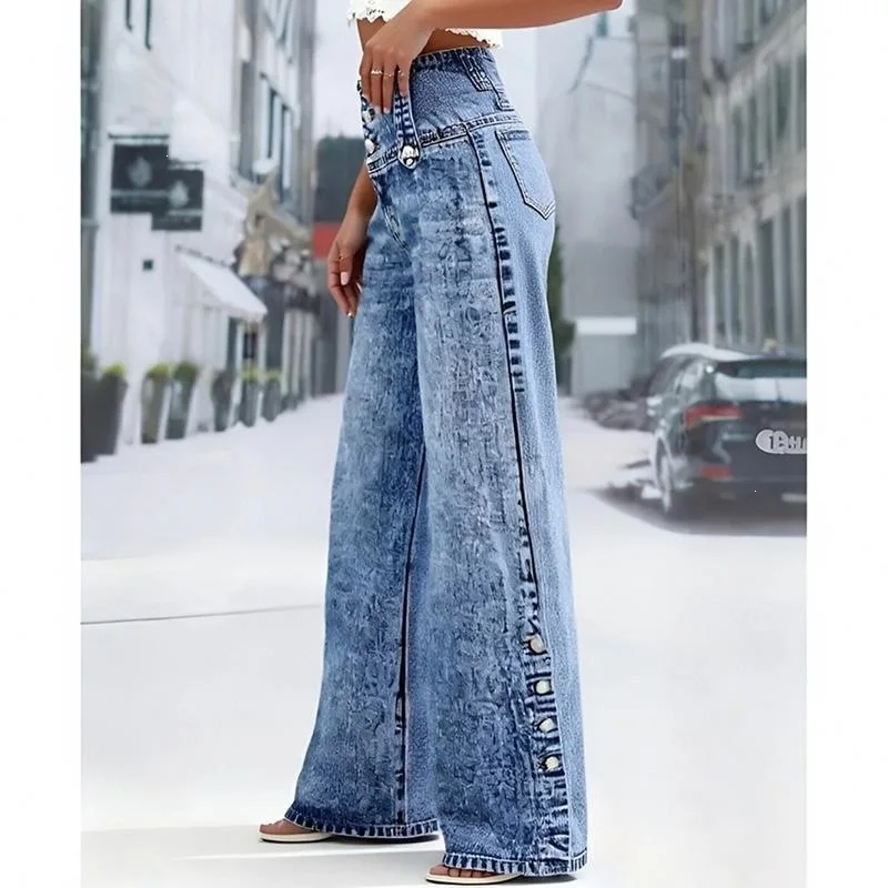 High Waist Button Cuffed Wide Leg Denim Jeans Women's Autumn New Style Vintage Streetwear Cotton Polyester Blend Long Trousers
