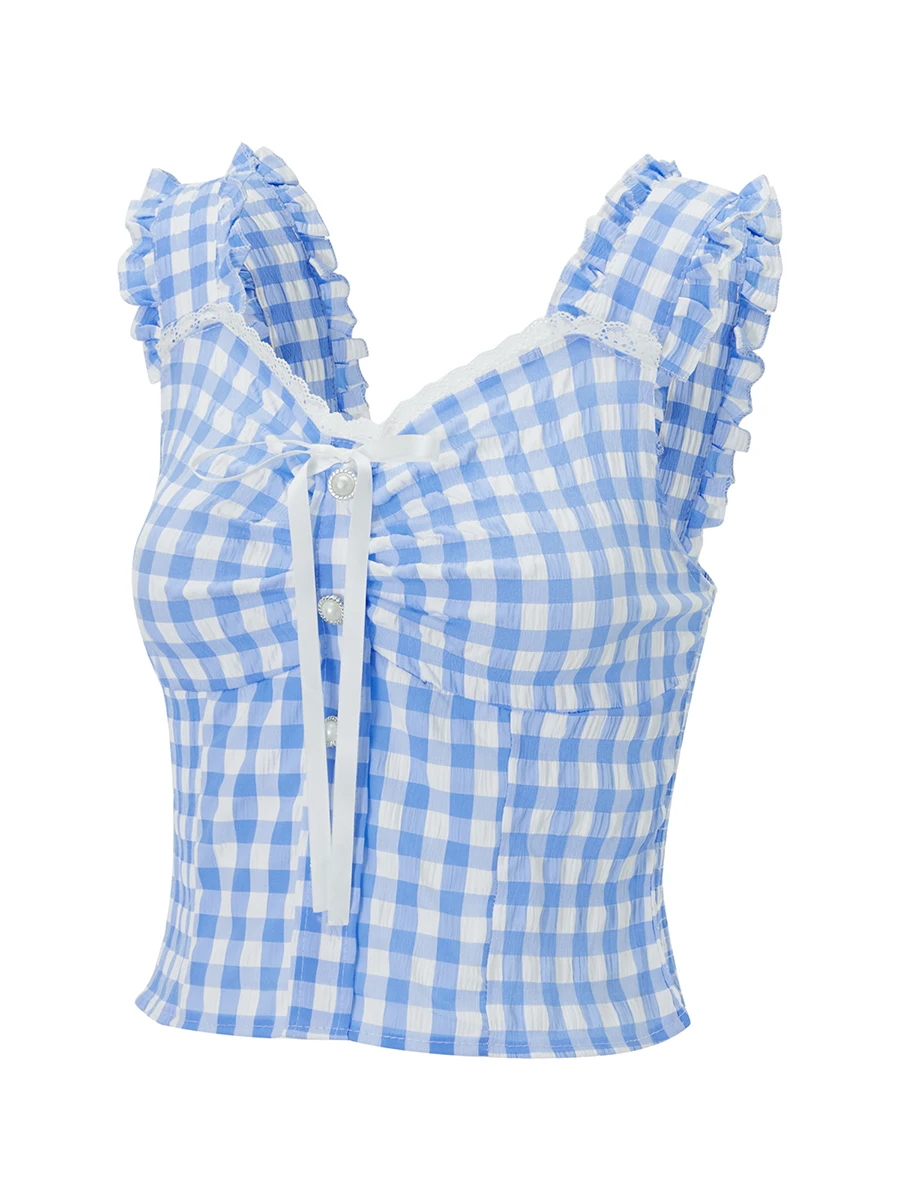 Stylish Women s Plaid Cami Tops with Lace Trim and Button Detail Sleeveless Square Neck Trendy Tanks for Summer