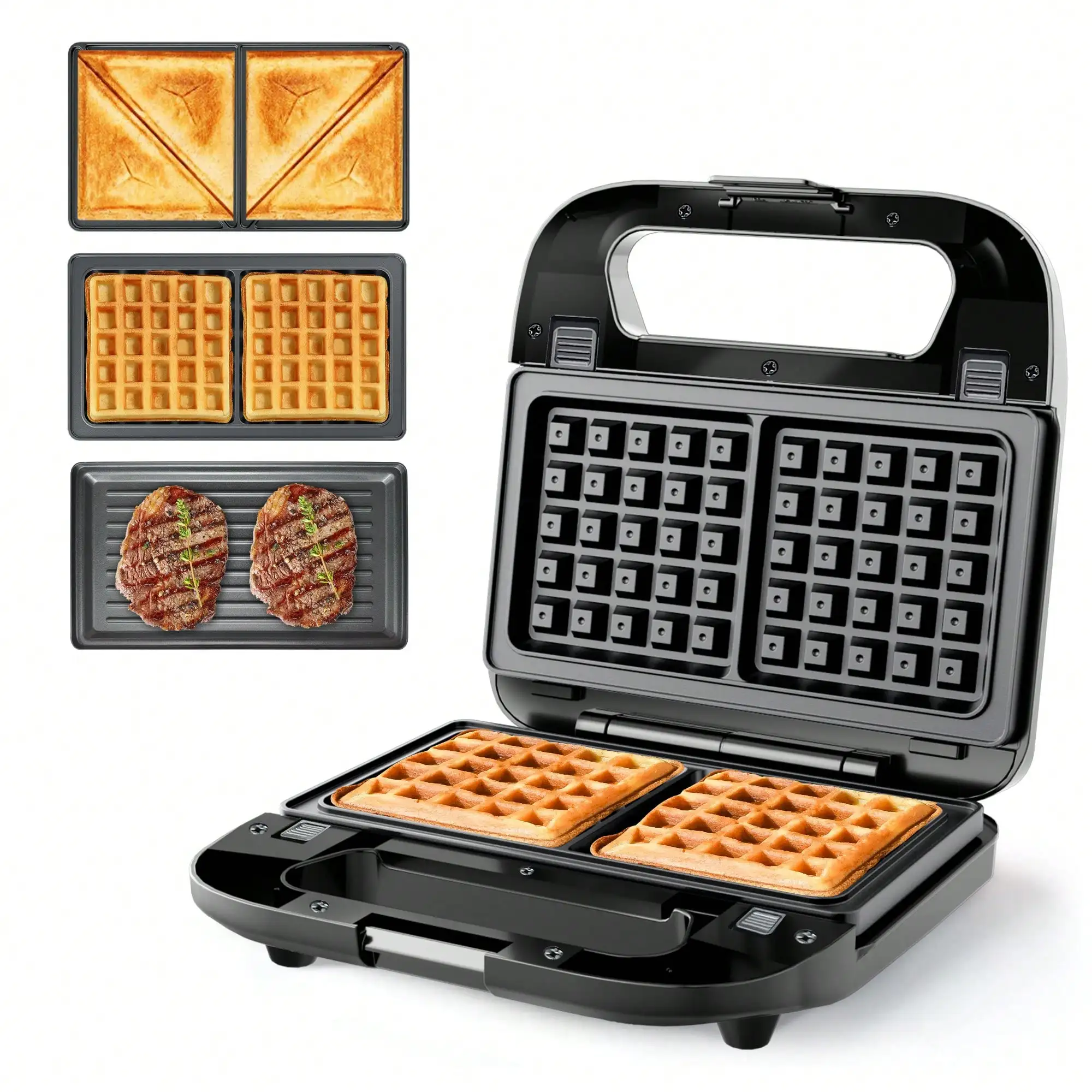 3-In-1 Sandwich Maker, Panini Press & Waffle Iron - Indoor & Outdoor Electric Grill With Removable Non-Stick Plates, Cool-Touch Handle, LED Light, Easy Clean, 750W - Perfect For Home, Kitchen, Camping & Travel, 304 Stainless Steel