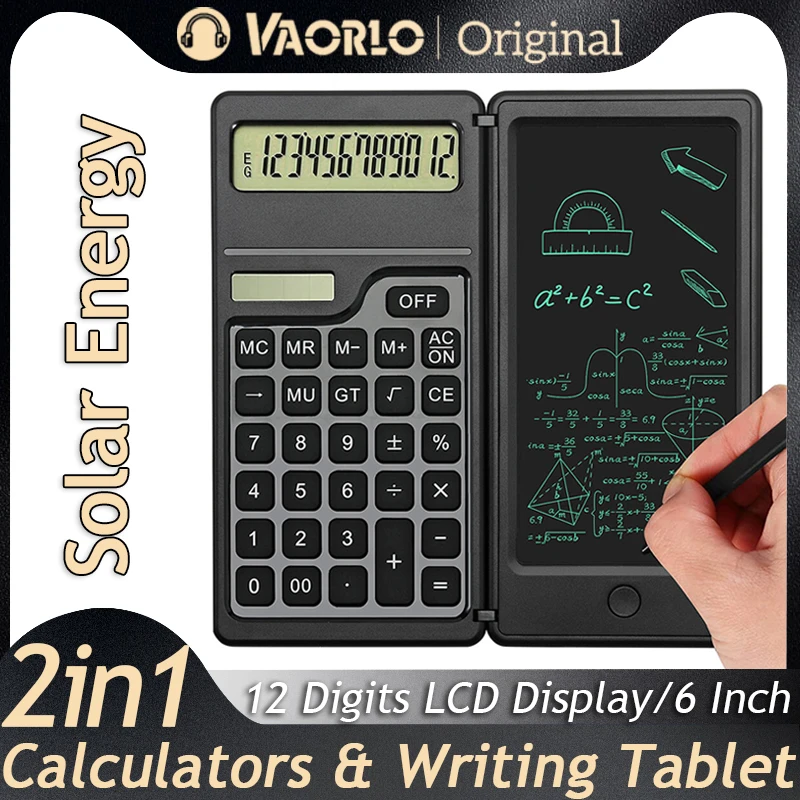 2 IN 1 Foldable Solar Energy Calculator 12 Digits LCD Display Desktop With 6 Inch Writing Tablet Pen For Office Business School