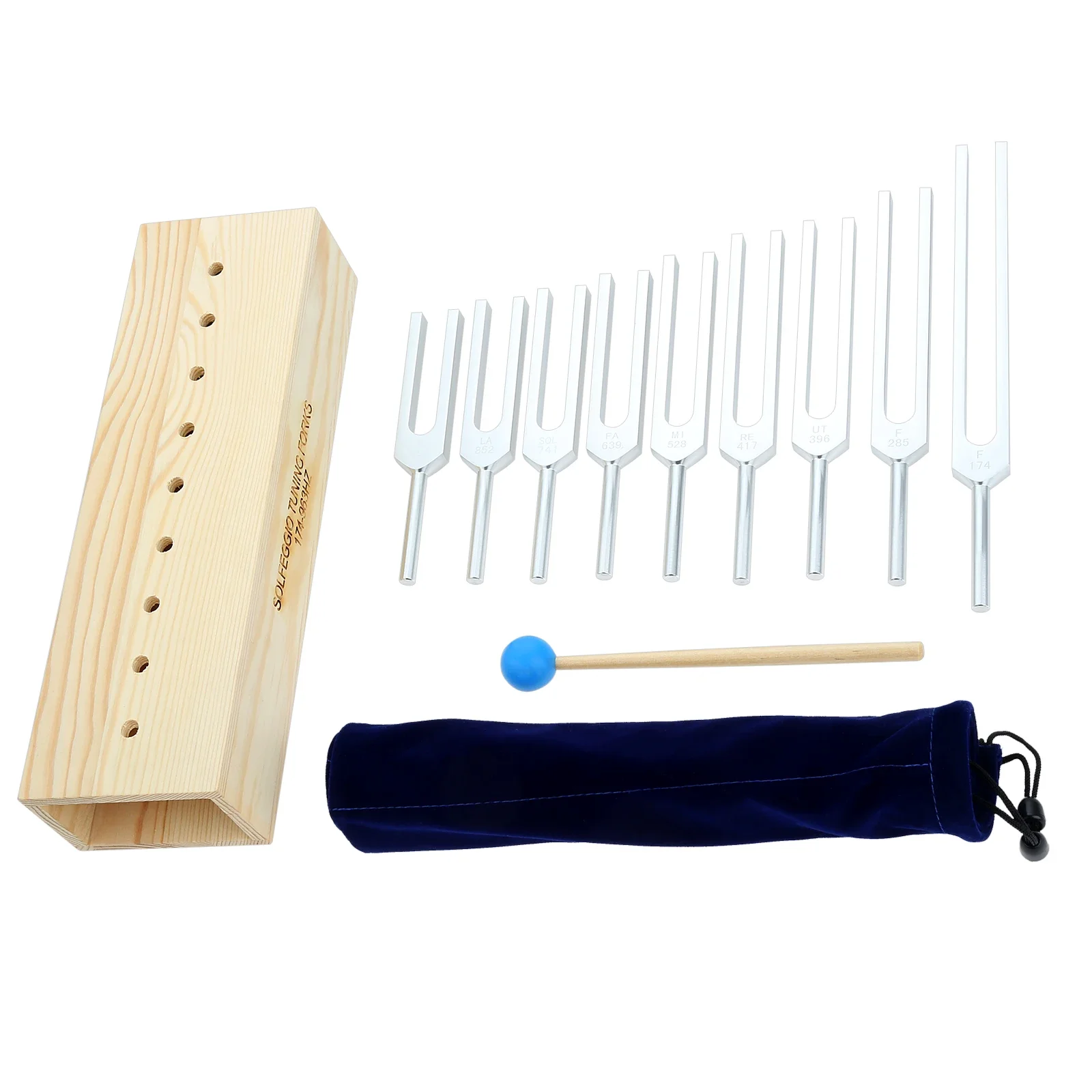 

9pcs/kit Tuning Forks with Voice Wood Base Silicon Hammer 174/285/ 396/417/528 /639/741/852/963 Hz DNA Healing Music Instruments