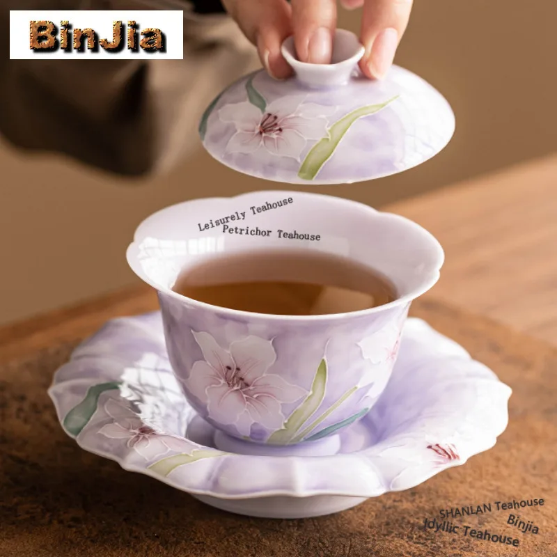 125ml Hand-painted Lily Gaiwan Elegant Tea Tureen Tea Bowl With Lid Kit Tea Maker Cover Bowl Tea Ceremony Accessories Gift