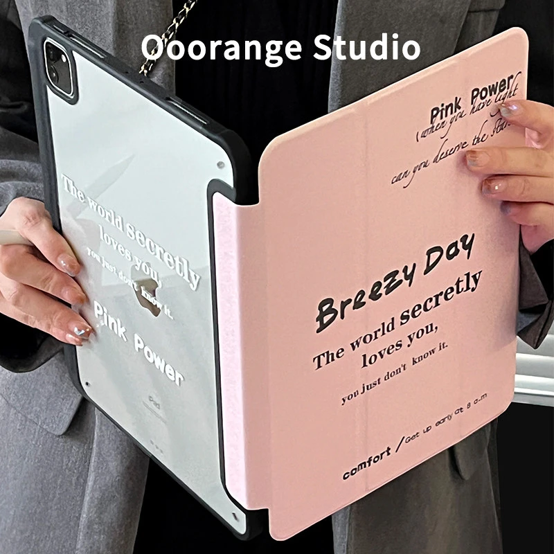 Korean Letter Pink Power Y2K Tri-Fold Cover For iPad Pro 13 11th M5 M4 12.9 A16 10 8 7 9th 10th Air 11 M2 M3 Mini Tablet Case