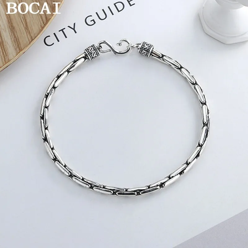 

BOCAI NEW S925 Sterling Silver Vintage Personality Hip-hop Bamboo Bracelet Men's And Women's Gifts