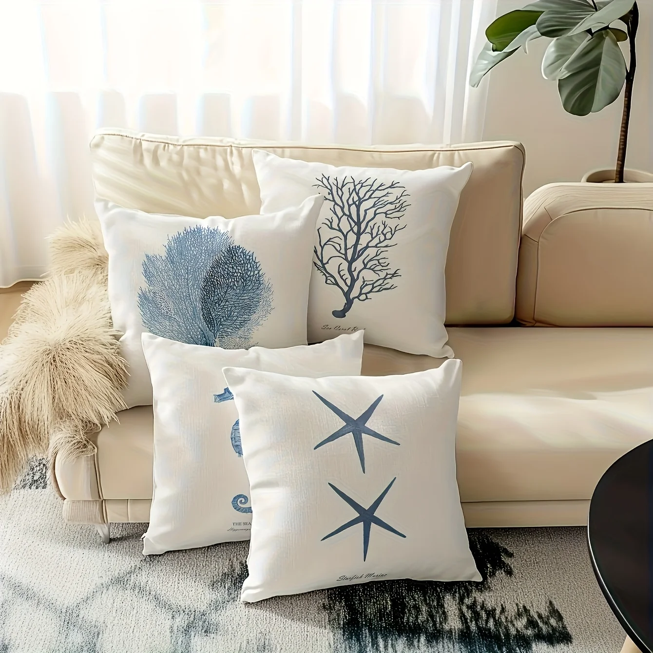 Set of 4 Printed Throw Pillow Covers Boho Coastal Seaweed Botanical Tree Art Cushion Pillowcase Set Home Decor Nautical Artwork