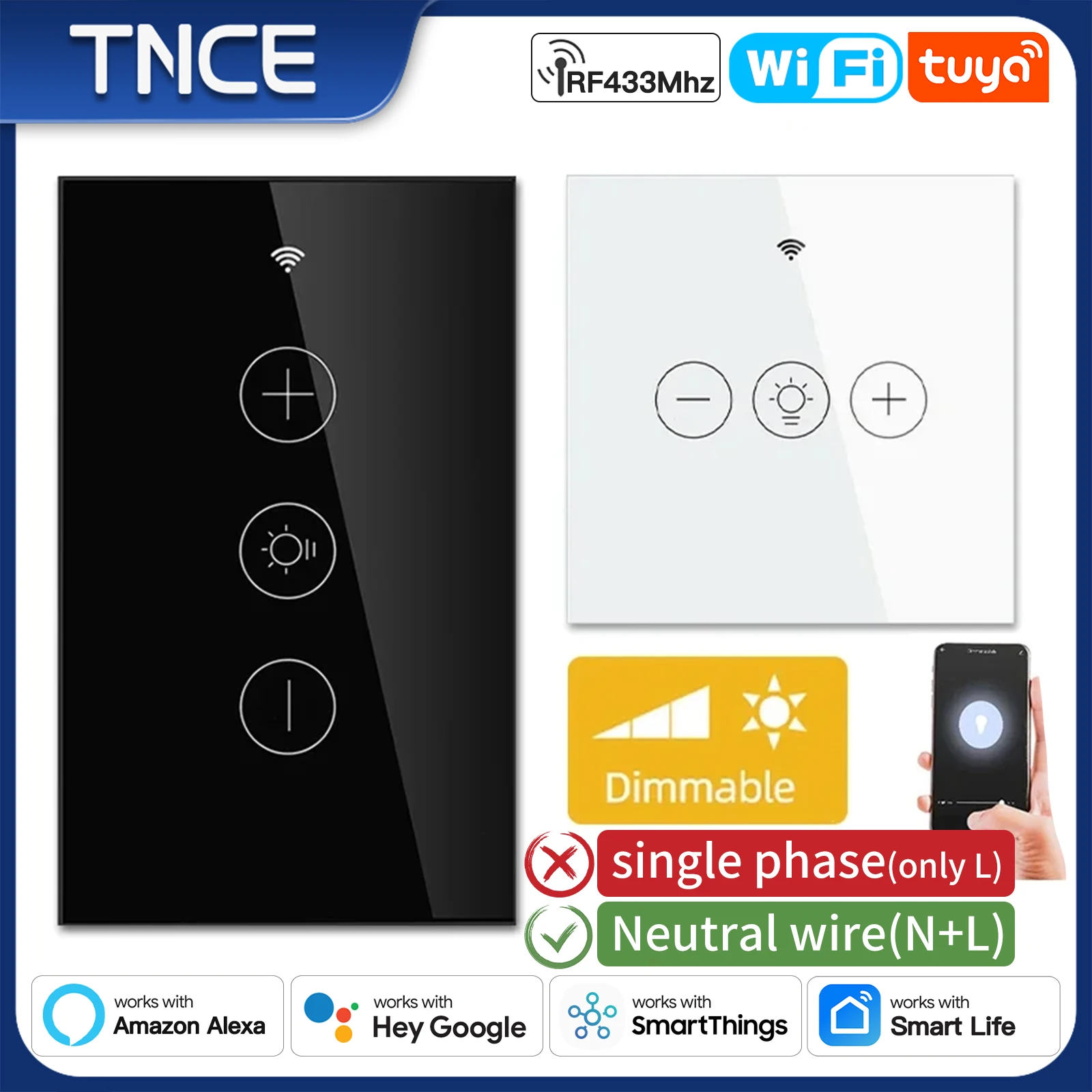 TNCE Tuya Dimmer wifi rf433 EU/US, interruttore a parete con luce a filo neutro telecomando, APP Smart Life, voce per Google Home Alexa