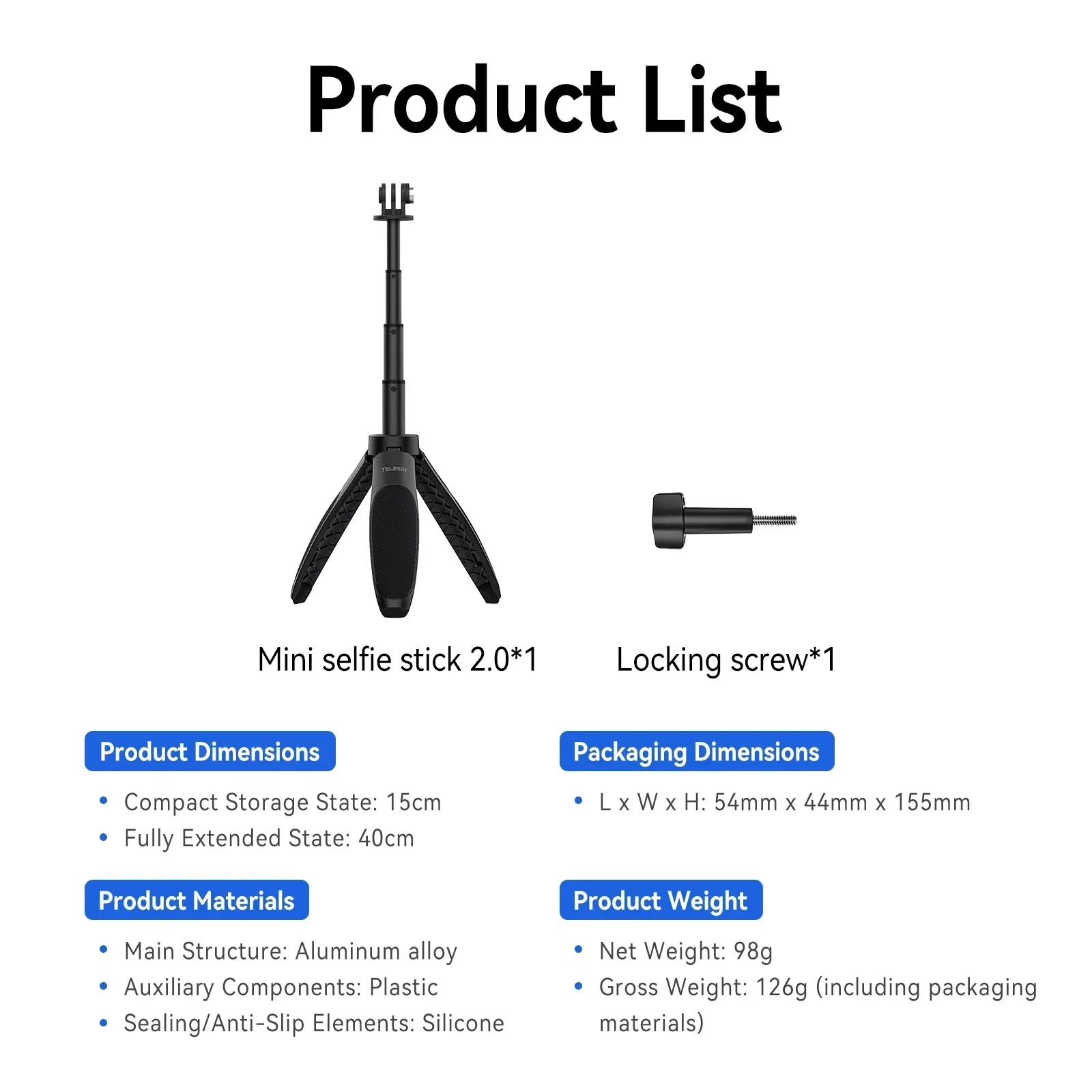 TELESIN Mini Selfie Stick Treppiede per GoPro Hero 13 12 11 10 9 8 7 DJI OSMO Action 5 4 3 Insta360 SJCAM per Vlog Fotografia