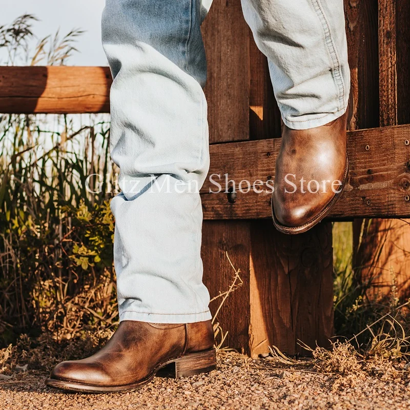 Western Cowboy Chelsea Boots Vintage Mid-calf Boots Pointed Toes Classical Shoes Genuine Leather Worker Winter Booties For Men