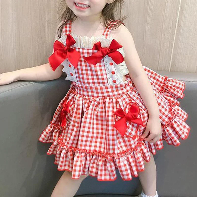 2025 Summer Girls' Princess Dress Sleeveless Bow Plaid Birthday Dress Folded Edge Decorative Fashionable Sweet Sling Dress