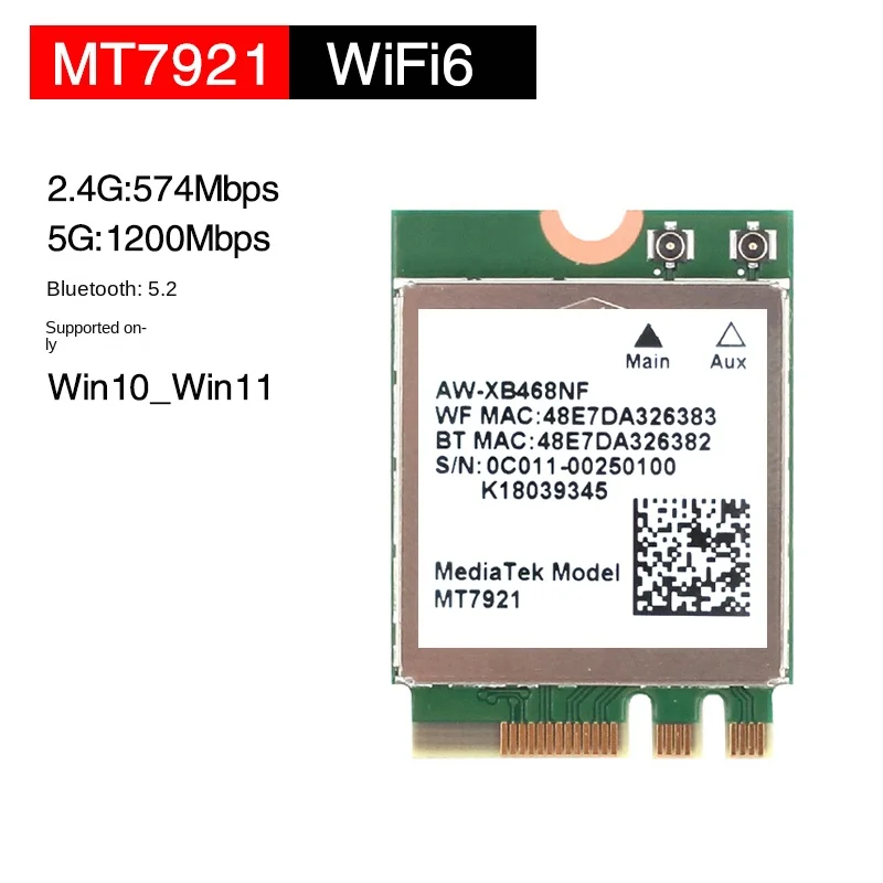 MT7921 Wi-Fi 6  1800M Bluetooth 5.2 2.4G 5G NGFF M.2 Wireless Wifi Network Card Supports Win10 / 11
