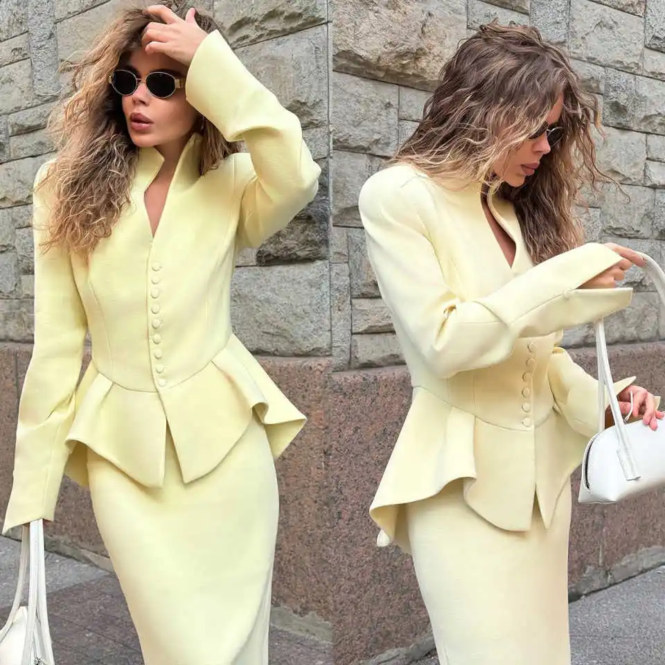 

2 Pieces Yellow Women Blazer Dress Mermaid Ladies Formal Wear Prom Birthday Party Customized Long Jacket Outfits