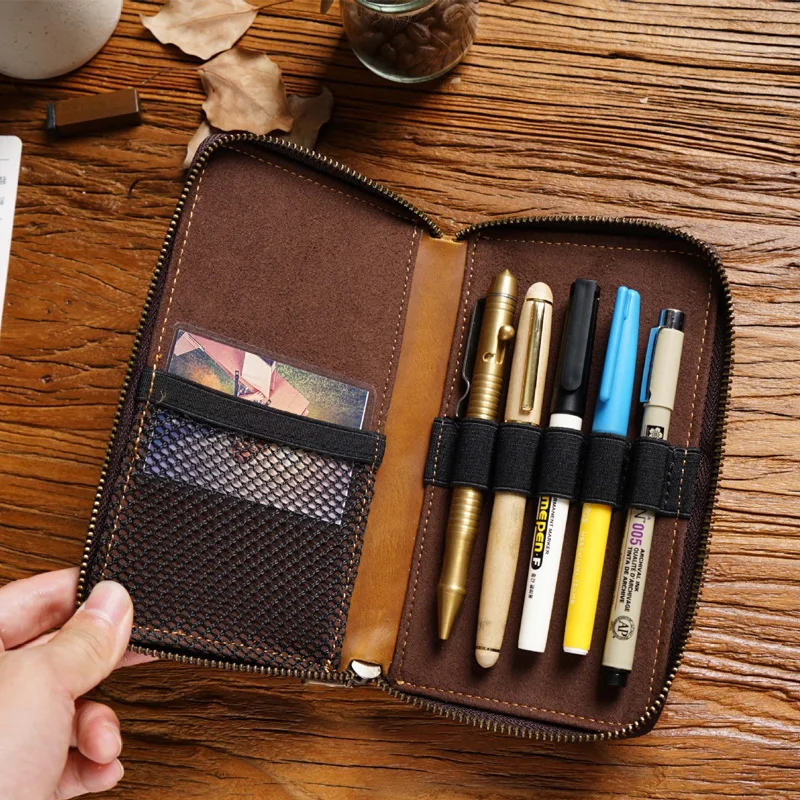 First Layer Leather Zipper Pen Storage Bag Retro Leather Multi-pencil Bag Large-capacity Storage Box Stationery Box Pen Box