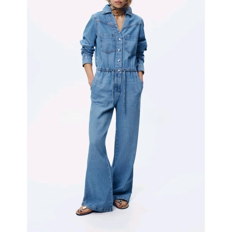 Estate nuove donne lunghe colletto Sve ket dettaglio gamba larga vita regolabile tuta di jeans vita alta pantaloni lunghi poliestere...