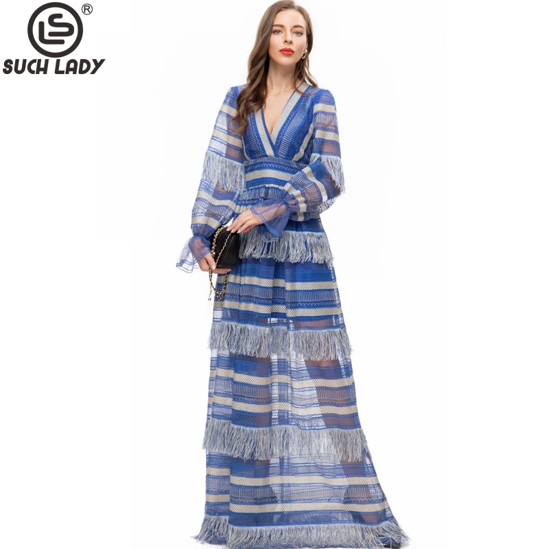 

Women's Runway Dresses Sexy V Neck Long Lantern Sleeves Striped Tiered Tassels Printed Elegant Fashion Designer Vestidos