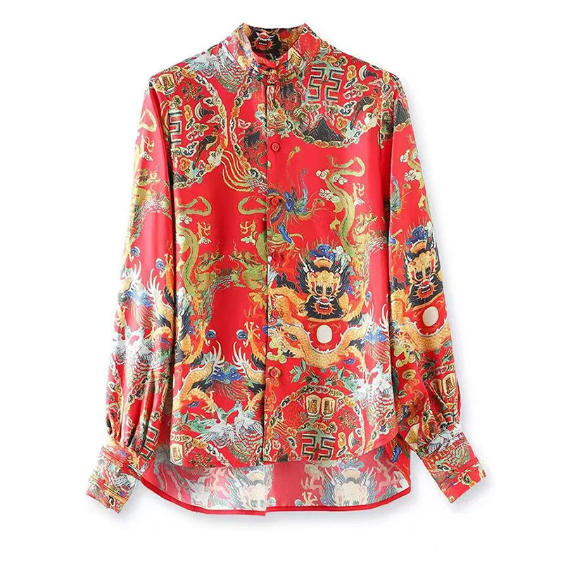 Autumn New Vintage Chinese Style Stand Collar Dragon Print Silk Shirt Women\'s Long Sleeve Single Breasted Button Top S-XL