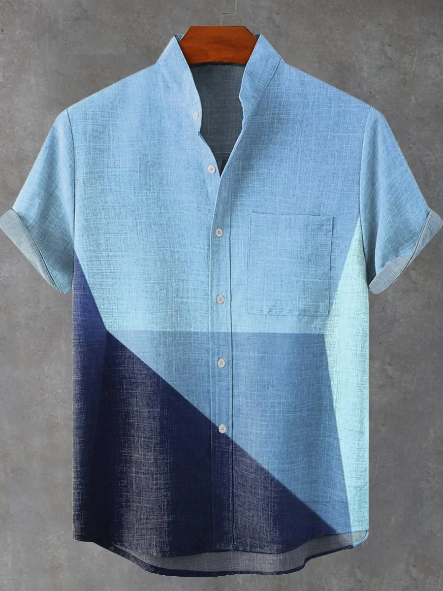 2025 men's new casual art geometric shape retro art linen short sleeved stand up collar shirt comfortable button up top