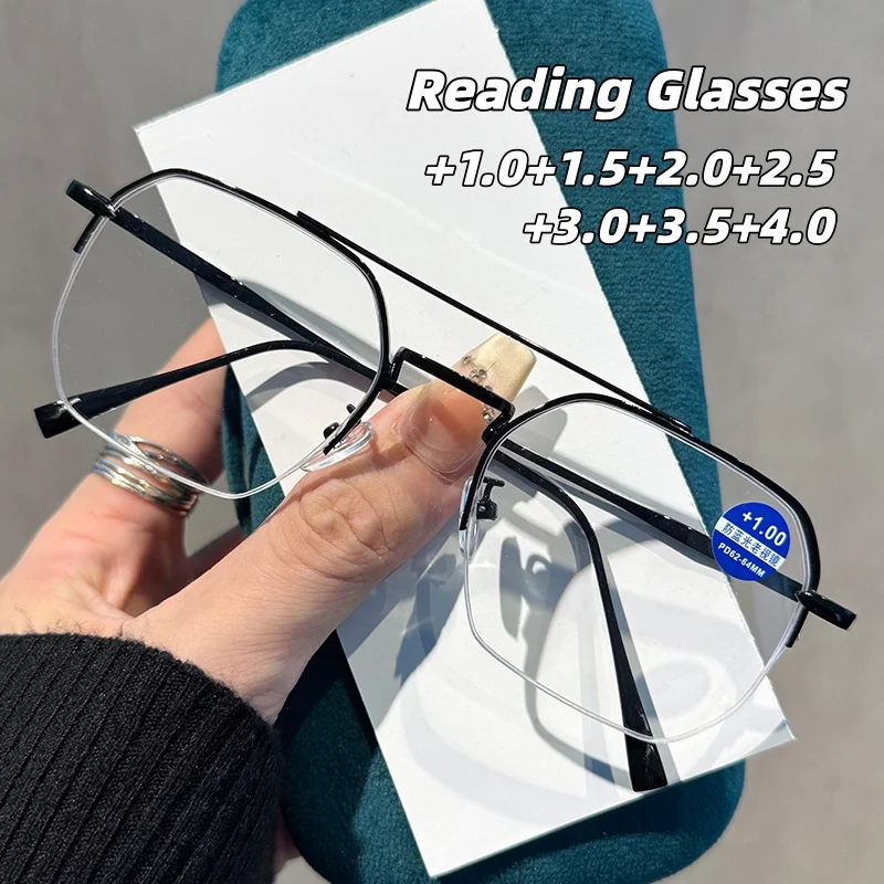 

Fashionable Metal Half-Frame Presbyopia Glasses Unisex Retro Double-Bridge Square Frame Blue Light Blocking Reading Glasses