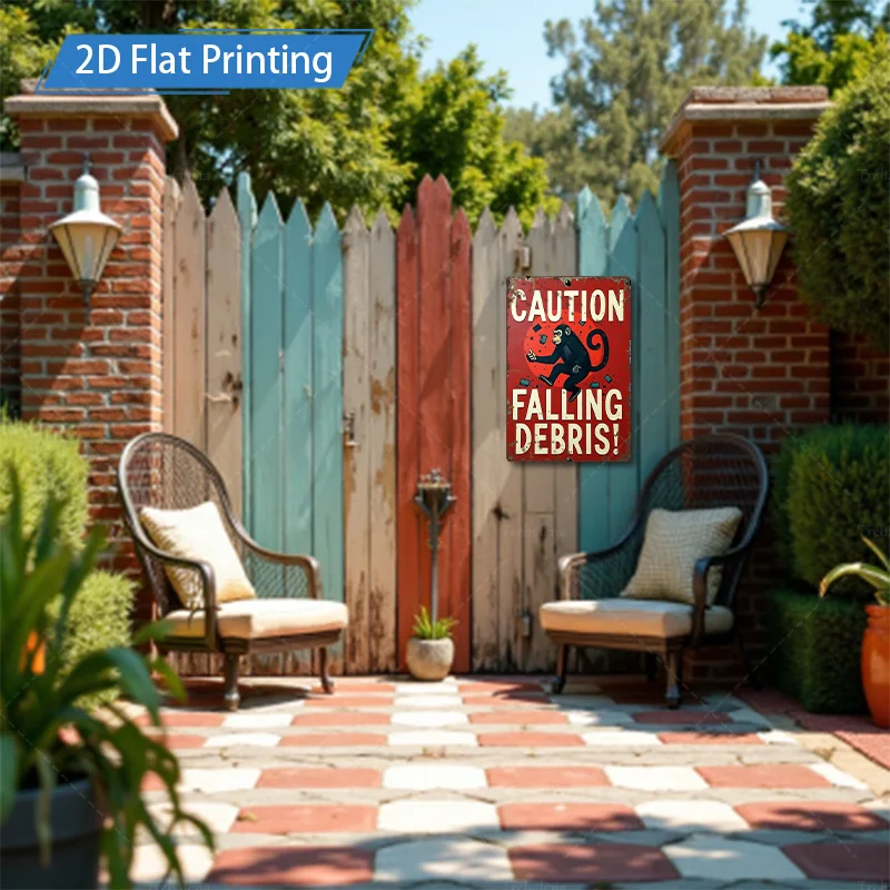 [2D FLAT] 1 قطعة علامة معدنية، 8 × 12 بوصة ريترو قرد الحذر سقوط الحطام علامة معدنية