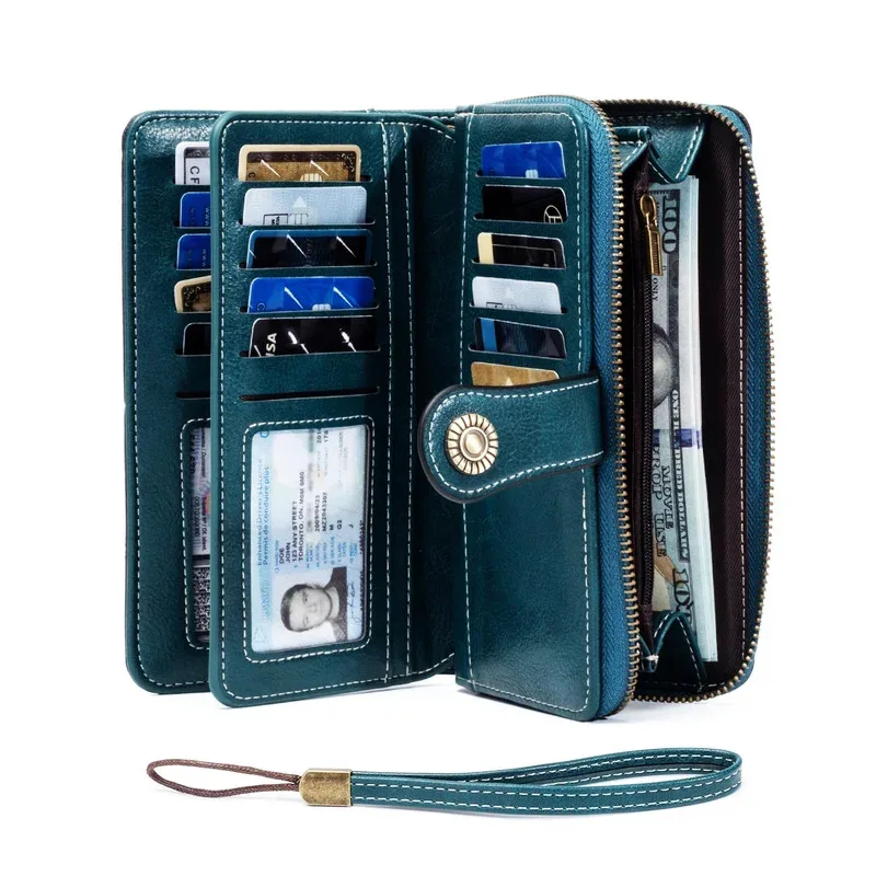 Wallet for Men Women Anti Theft European American Retro Leather Long Clutch Oil Wax Leather Cut Out Multi Card Slots Large